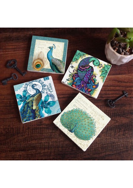 Stone Tavus Kuşu Taş Bardak Altlığı – 4’lü Set, 10x10 cm Dekoratif Masaüstü Koruyucu Doğaltaş Altlık |SC138|