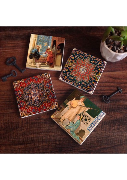 Desen, Satranç Oyunu, İki Müzisyen Kız Taş Bardak Altlığı – 4’lü Set, 10x10 cm Dekoratif Masaüstü Koruyucu Doğaltaş Altlık |SC336|