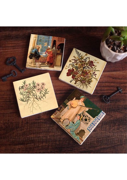 Stone Vintage Çiçek, Satranç Oyunu, İki Müzisyen Kız Taş Bardak Altlığı – 4’lü Set, 10x10 cm Dekoratif Masaüstü Koruyucu Doğaltaş Altlık |SC337|