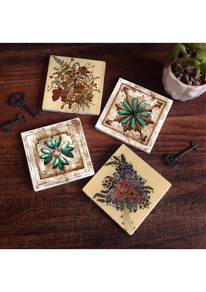 Stone Vintage Çiçek, Fas Desenli Vintage Taş Bardak Altlığı – 4’lü Set, 10x10 cm Dekoratif Masaüstü Koruyucu Doğaltaş Altlık |SC338|