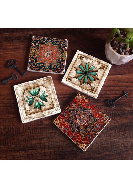 Stone Desen, Fas Desenli Vintage Taş Bardak Altlığı – 4’lü Set, 10x10 cm Dekoratif Masaüstü Koruyucu Doğaltaş Altlık |SC340|