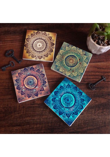 Stone Mandala Taş Bardak Altlığı – 4’lü Set, 10x10 cm Dekoratif Masaüstü Koruyucu Doğaltaş Altlık |SC143|