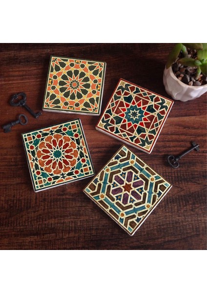 Stone Etnik Desen Taş Bardak Altlığı – 4’lü Set, 10x10 cm Dekoratif Masaüstü Koruyucu Doğaltaş Altlık |SC144|