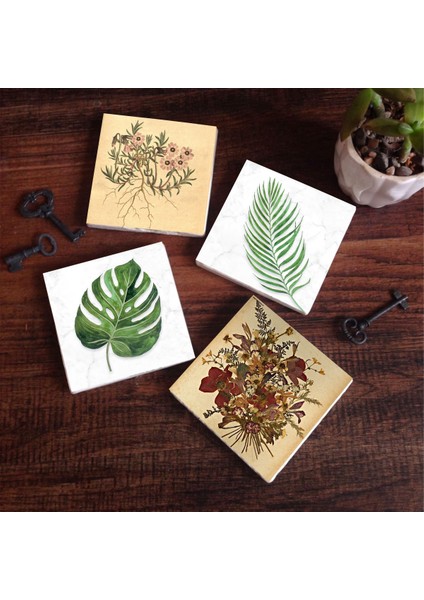 Vintage Çiçek, Yaprak Taş Bardak Altlığı Masaüstü Koruyucu Altlık 4 Parça Set 10x10cm Stone Coasters SC342