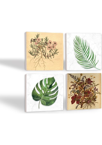 Vintage Çiçek, Yaprak Taş Bardak Altlığı Masaüstü Koruyucu Altlık 4 Parça Set 10x10cm Stone Coasters SC342
