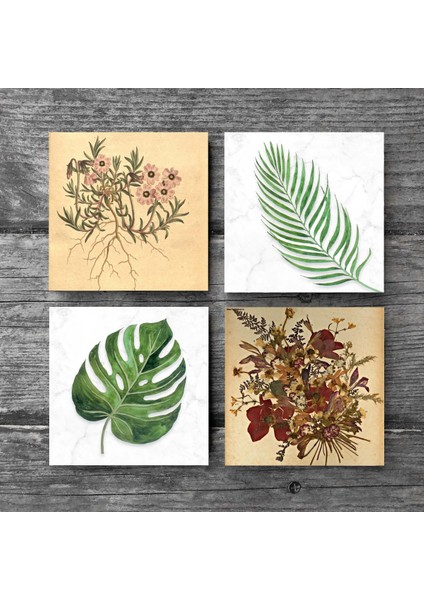 Vintage Çiçek, Yaprak Taş Bardak Altlığı Masaüstü Koruyucu Altlık 4 Parça Set 10x10cm Stone Coasters SC342