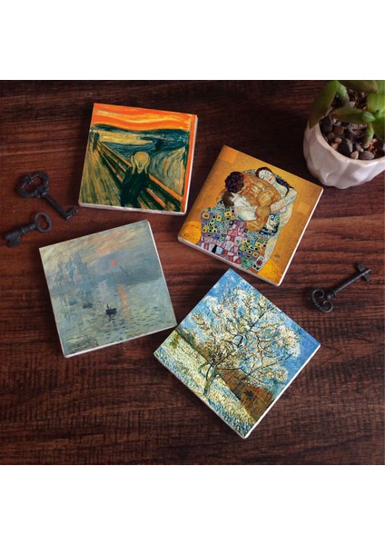 Stone Van Gogh Şeftali Ağacı, Monet Gün Doğumu, Çığlık, Gustav Klimt Aile Kucaklama Taş Bardak Altlığı – 4’lü Set, 10x10 cm Dekoratif Masaüstü Koruyucu Doğaltaş Altlık |SC539|