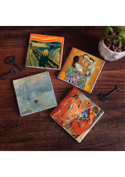 Picasso Avignonlu Kızlar, Monet Gün Doğumu, Çığlık, Klimt Aile Kucaklama Taş Bardak Altlığı Masaüstü Koruyucu Altlık 4 Parça Set 10x10cm Stone Coasters SC540