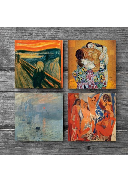 Picasso Avignonlu Kızlar, Monet Gün Doğumu, Çığlık, Klimt Aile Kucaklama Taş Bardak Altlığı Masaüstü Koruyucu Altlık 4 Parça Set 10x10cm Stone Coasters SC540 modelleri