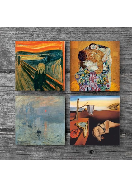 Stone Dalí Belleğin Azmi, Monet Gün Doğumu, Çığlık, Klimt Aile Kucaklama Taş Bardak Altlığı – 4’lü Set, 10x10 cm Dekoratif Masaüstü Koruyucu Doğaltaş Altlık |SC541| modelleri