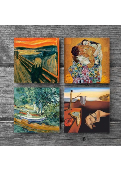 Dalí Belleğin Azmi, Van Gogh Oise Bankası, Çığlık, Klimt Aile Kucaklama Taş Bardak Altlığı – 4’lü Set, 10x10 cm Dekoratif Masaüstü Koruyucu Doğaltaş Altlık |SC545| modelleri