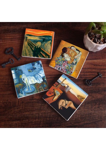 Dalí Belleğin Azmi, Picasso Mavi Oda, Çığlık, Gustav Klimt Aile Kucaklama Taş Bardak Altlığı Masaüstü Koruyucu Altlık 4 Parça Set 10x10cm Stone Coasters SC547