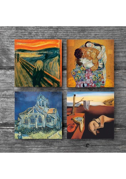 Dalí Belleğin Azmi, Van Gogh Kilise, Çığlık, Klimt Aile Kucaklama Taş Bardak Altlığı – 4’lü Set, 10x10 cm Dekoratif Masaüstü Koruyucu Doğaltaş Altlık |SC548| modelleri