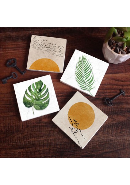 Stone Minimalist, Yaprak Taş Bardak Altlığı – 4’lü Set, 10x10 cm Dekoratif Masaüstü Koruyucu Doğaltaş Altlık |SC344|
