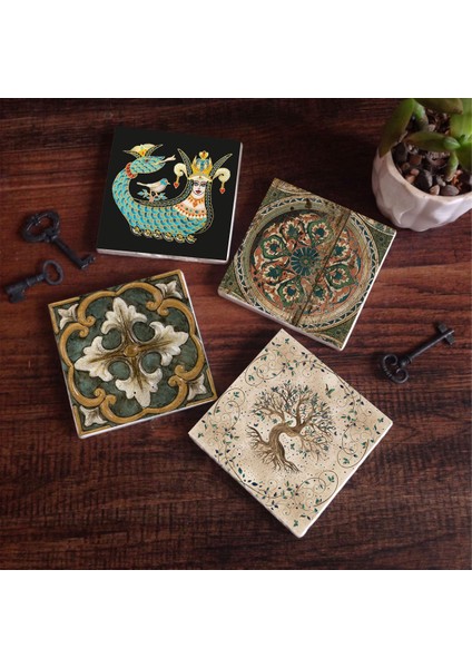 Vintage, Desen, Şahmeran, Hayat Ağacı Taş Bardak Altlığı Masaüstü Koruyucu Altlık 4 Parça Set 10x10cm Stone Coasters SC149