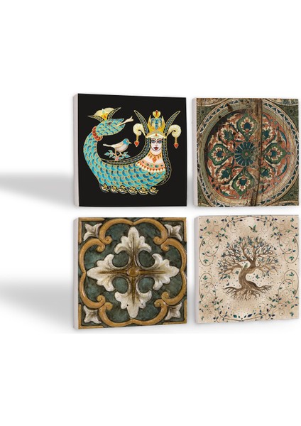 Vintage, Desen, Şahmeran, Hayat Ağacı Taş Bardak Altlığı Masaüstü Koruyucu Altlık 4 Parça Set 10x10cm Stone Coasters SC149 fiyatları