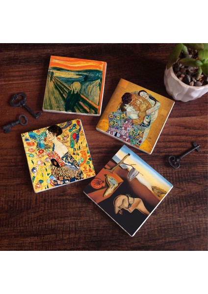 Salvador Dalí Belleğin Azmi, Gustav Klimt Yelpazeli Kadın, Aile Kucaklama, Çığlık Taş Bardak Altlığı – 4’lü Set, 10x10 cm Dekoratif Masaüstü Koruyucu Doğaltaş Altlık |SC550|