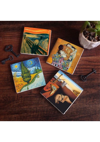 Dalí Belleğin Azmi, Van Gogh Selvili Yol, Çığlık, Klimt Aile Kucaklama Taş Bardak Altlığı Masaüstü Koruyucu Altlık 4 Parça Set 10x10cm Stone Coasters SC555