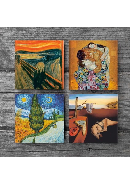 Dalí Belleğin Azmi, Van Gogh Selvili Yol, Çığlık, Klimt Aile Kucaklama Taş Bardak Altlığı Masaüstü Koruyucu Altlık 4 Parça Set 10x10cm Stone Coasters SC555 modelleri
