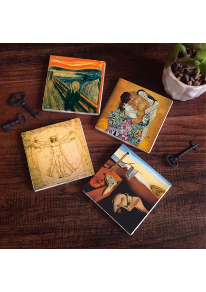 Dalí Belleğin Azmi, Çığlık, Gustav Klimt Aile Kucaklama, Da Vinci Vitruvius Adamı Taş Bardak Altlığı Masaüstü Koruyucu Altlık 4 Parça Set 10x10cm Stone Coasters SC560