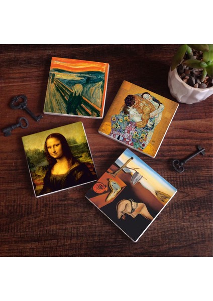 Dalí Belleğin Azmi, Çığlık, Gustav Klimt Aile Kucaklama, Da Vinci Mona Lisa Taş Bardak Altlığı – 4’lü Set, 10x10 cm Dekoratif Masaüstü Koruyucu Doğaltaş Altlık |SC561|