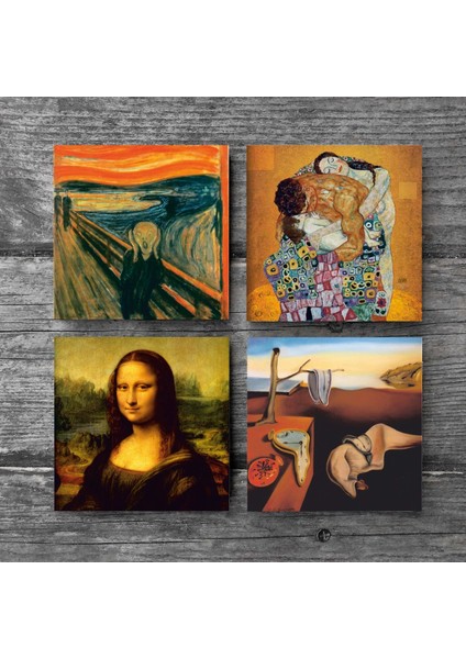 Dalí Belleğin Azmi, Çığlık, Gustav Klimt Aile Kucaklama, Da Vinci Mona Lisa Taş Bardak Altlığı – 4’lü Set, 10x10 cm Dekoratif Masaüstü Koruyucu Doğaltaş Altlık |SC561| modelleri
