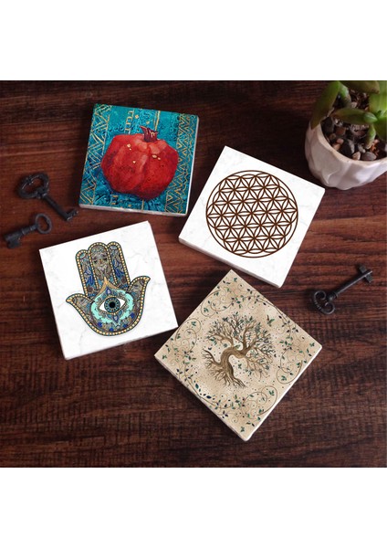 Yaşam Çiçeği, Hayat Ağacı, Nar, Fatma Ana Eli (Hamsa) Taş Bardak Altlığı Masaüstü Koruyucu Altlık 4 Parça Set 10x10cm Stone Coasters SC152
