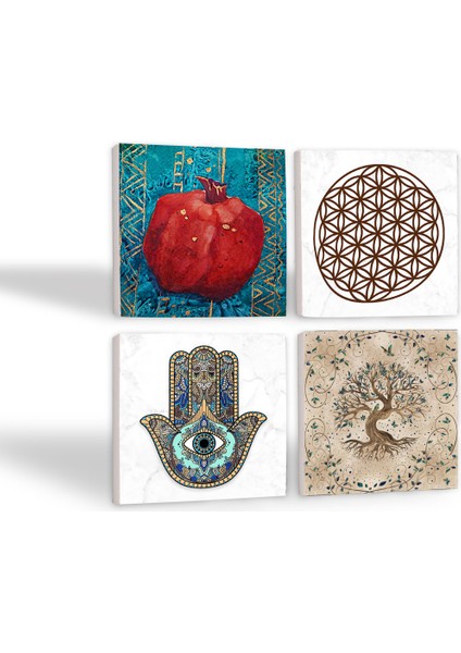 Yaşam Çiçeği, Hayat Ağacı, Nar, Fatma Ana Eli (Hamsa) Taş Bardak Altlığı Masaüstü Koruyucu Altlık 4 Parça Set 10x10cm Stone Coasters SC152 fiyatları