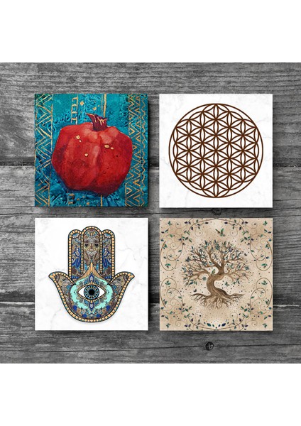 Yaşam Çiçeği, Hayat Ağacı, Nar, Fatma Ana Eli (Hamsa) Taş Bardak Altlığı Masaüstü Koruyucu Altlık 4 Parça Set 10x10cm Stone Coasters SC152 modelleri
