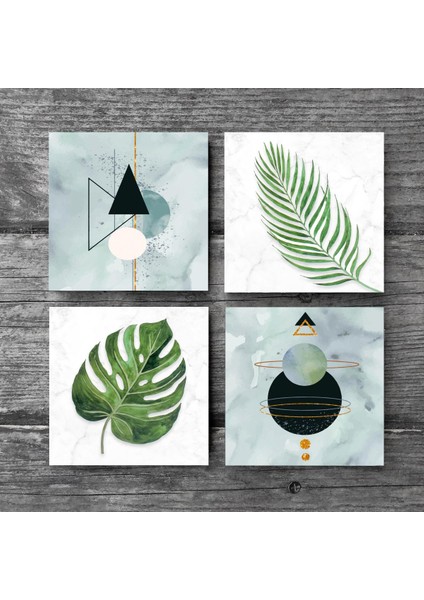 Minimalist Soyut, Yaprak Taş Bardak Altlığı Masaüstü Koruyucu Altlık 4 Parça Set 10x10cm Stone Coasters SC349
