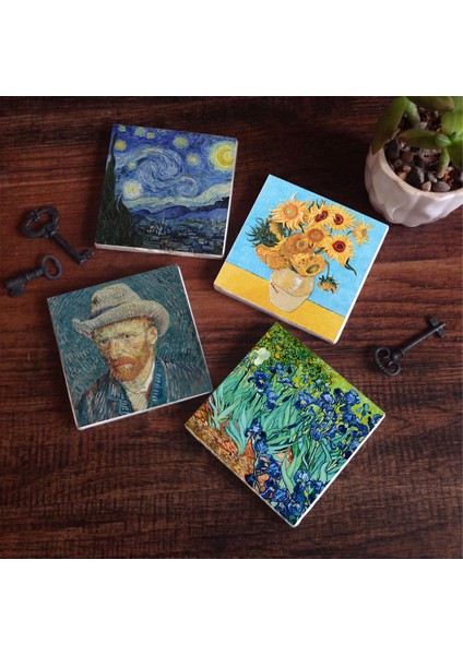 Stone Van Gogh On İki Ayçiçekli Vazo, İrisler, Yıldızlı Gece, Otoportre Taş Bardak Altlığı – 4’lü Set, 10x10 cm Dekoratif Masaüstü Koruyucu Doğaltaş Altlık |SC155|