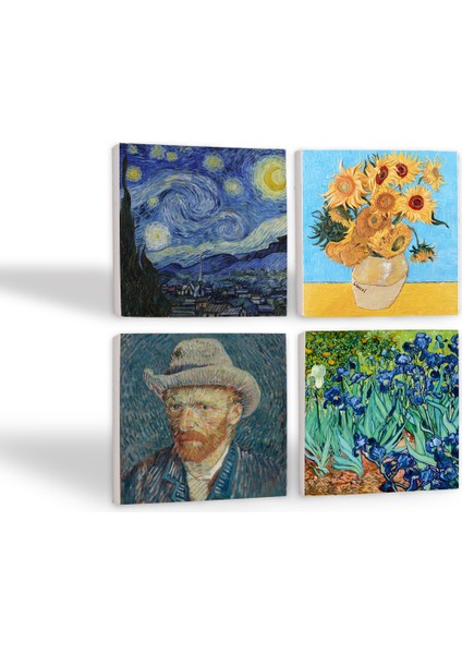 Stone Van Gogh On İki Ayçiçekli Vazo, İrisler, Yıldızlı Gece, Otoportre Taş Bardak Altlığı – 4’lü Set, 10x10 cm Dekoratif Masaüstü Koruyucu Doğaltaş Altlık |SC155| fiyatları