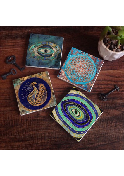 Stone Nazar, Yaşam Çiçeği, Tavus Kuşu Taş Bardak Altlığı – 4’lü Set, 10x10 cm Dekoratif Masaüstü Koruyucu Doğaltaş Altlık |SC156|