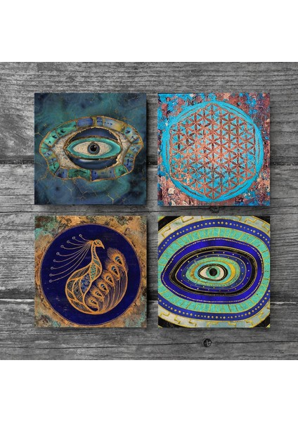 Stone Nazar, Yaşam Çiçeği, Tavus Kuşu Taş Bardak Altlığı – 4’lü Set, 10x10 cm Dekoratif Masaüstü Koruyucu Doğaltaş Altlık |SC156| modelleri