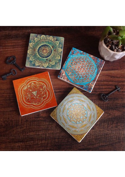 Stone Mandala, Yaşam Çiçeği, Sri Yantra Taş Bardak Altlığı – 4’lü Set, 10x10 cm Dekoratif Masaüstü Koruyucu Doğaltaş Altlık |SC157|