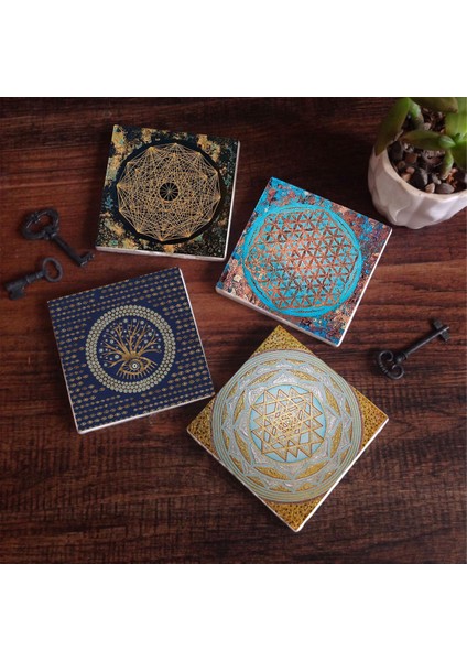 Stone Nazar Ağaç, Yaşam Çiçeği, Sri Yantra Taş Bardak Altlığı – 4’lü Set, 10x10 cm Dekoratif Masaüstü Koruyucu Doğaltaş Altlık |SC158|