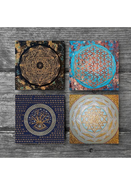 Stone Nazar Ağaç, Yaşam Çiçeği, Sri Yantra Taş Bardak Altlığı – 4’lü Set, 10x10 cm Dekoratif Masaüstü Koruyucu Doğaltaş Altlık |SC158| modelleri