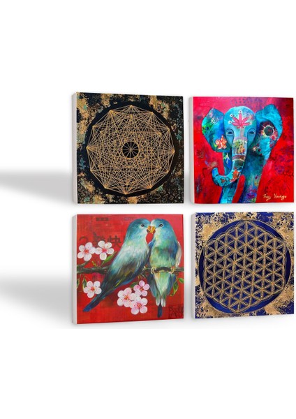 Stone Fil, Kuş, Sri Yantra, Yaşam Çiçeği Taş Bardak Altlığı – 4’lü Set, 10x10 cm Dekoratif Masaüstü Koruyucu Doğaltaş Altlık |SC159| fiyatları