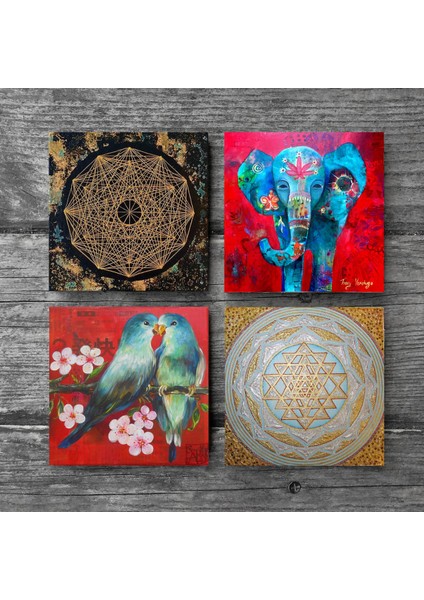 Stone Fil, Kuş, Sri Yantra, Yaşam Çiçeği Taş Bardak Altlığı – 4’lü Set, 10x10 cm Dekoratif Masaüstü Koruyucu Doğaltaş Altlık |SC159| modelleri