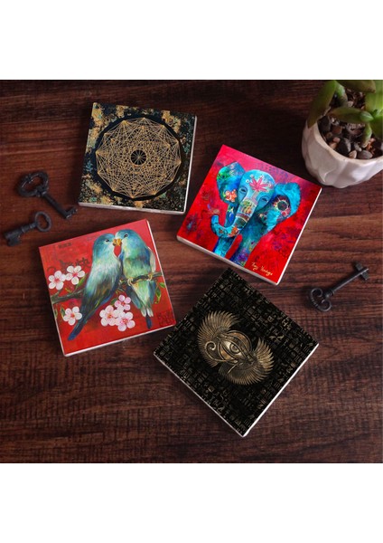 Stone Fil, Kuş, Horus'un Gözü, Sri Yantra Taş Bardak Altlığı – 4’lü Set, 10x10 cm Dekoratif Masaüstü Koruyucu Doğaltaş Altlık |SC160|