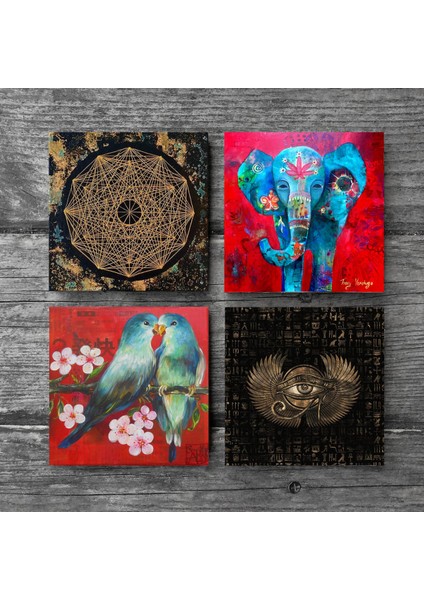 Stone Fil, Kuş, Horus'un Gözü, Sri Yantra Taş Bardak Altlığı – 4’lü Set, 10x10 cm Dekoratif Masaüstü Koruyucu Doğaltaş Altlık |SC160| modelleri