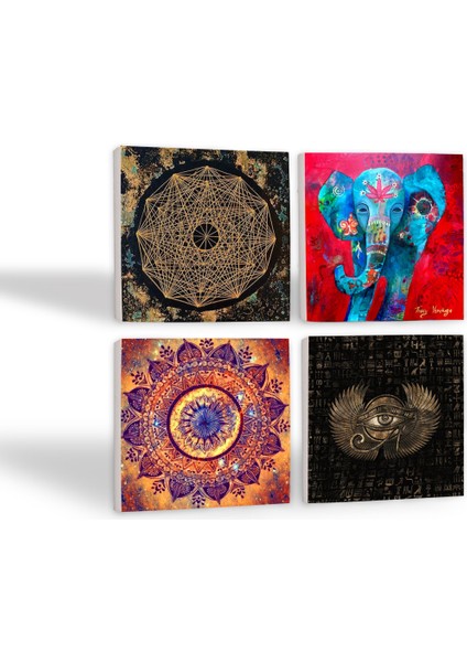 Stone Mandala, Fil, Horus'un Gözü, Sri Yantra Taş Bardak Altlığı – 4’lü Set, 10x10 cm Dekoratif Masaüstü Koruyucu Doğaltaş Altlık |SC161| fiyatları