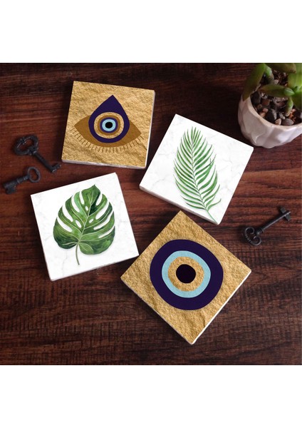 Stone Nazar, Yaprak Taş Bardak Altlığı – 4’lü Set, 10x10 cm Dekoratif Masaüstü Koruyucu Doğaltaş Altlık |SC358|