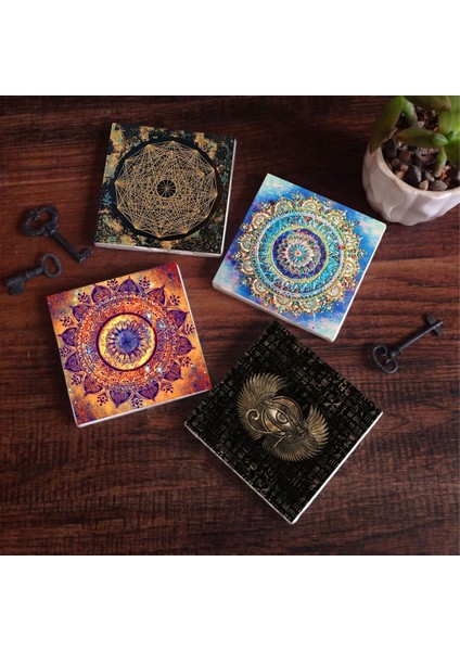 Mandala, Horus'un Gözü, Sri Yantra Taş Bardak Altlığı Masaüstü Koruyucu Altlık 4 Parça Set 10x10cm Stone Coasters SC162