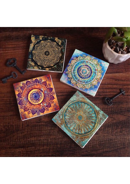 Mandala, Sri Yantra, Yaşam Çiçeği Taş Bardak Altlığı – 4’lü Set, 10x10 cm Dekoratif Masaüstü Koruyucu Doğaltaş Altlık |SC164|