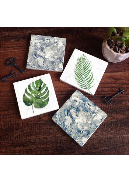 Yaprak, Desen Taş Bardak Altlığı Masaüstü Koruyucu Altlık 4 Parça Set 10x10cm Stone Coasters SC362
