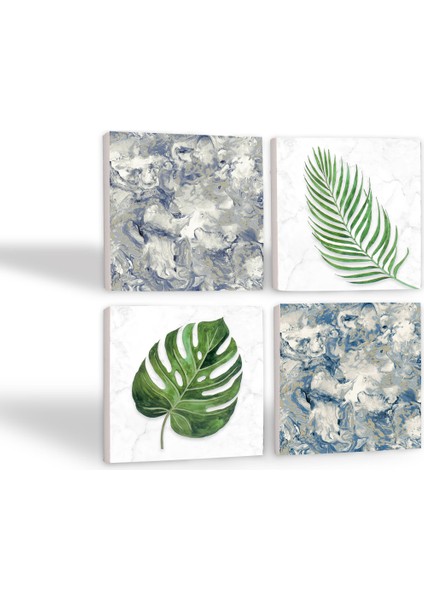 Yaprak, Desen Taş Bardak Altlığı Masaüstü Koruyucu Altlık 4 Parça Set 10x10cm Stone Coasters SC362