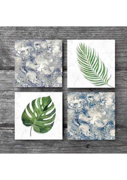 Yaprak, Desen Taş Bardak Altlığı Masaüstü Koruyucu Altlık 4 Parça Set 10x10cm Stone Coasters SC362
