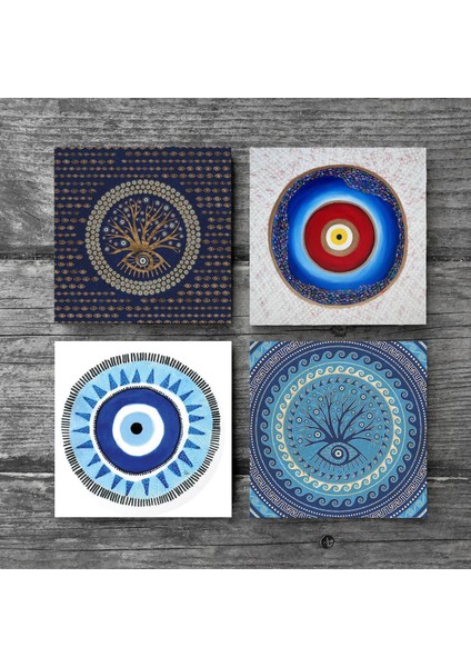 Nazar Taş Bardak Altlığı Masaüstü Koruyucu Altlık 4 Parça Set 10x10cm Stone Coasters SC166