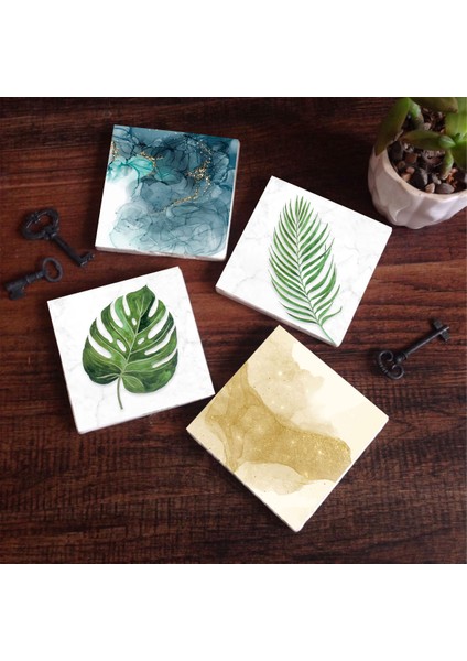 Stone Yaprak, Soyut Sanat Taş Bardak Altlığı – 4’lü Set, 10x10 cm Dekoratif Masaüstü Koruyucu Doğaltaş Altlık |SC363|